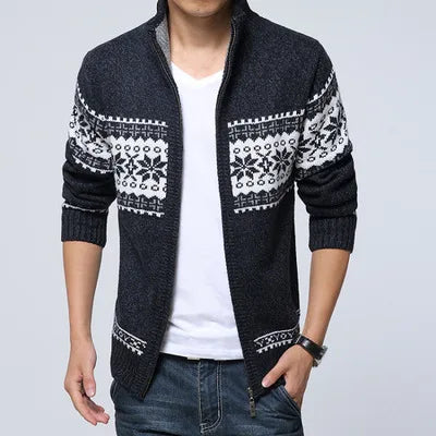 Men's Patterned Knit Cardigan with Zip Front and High Neck