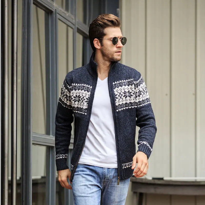 Men's Patterned Knit Cardigan with Zip Front and High Neck