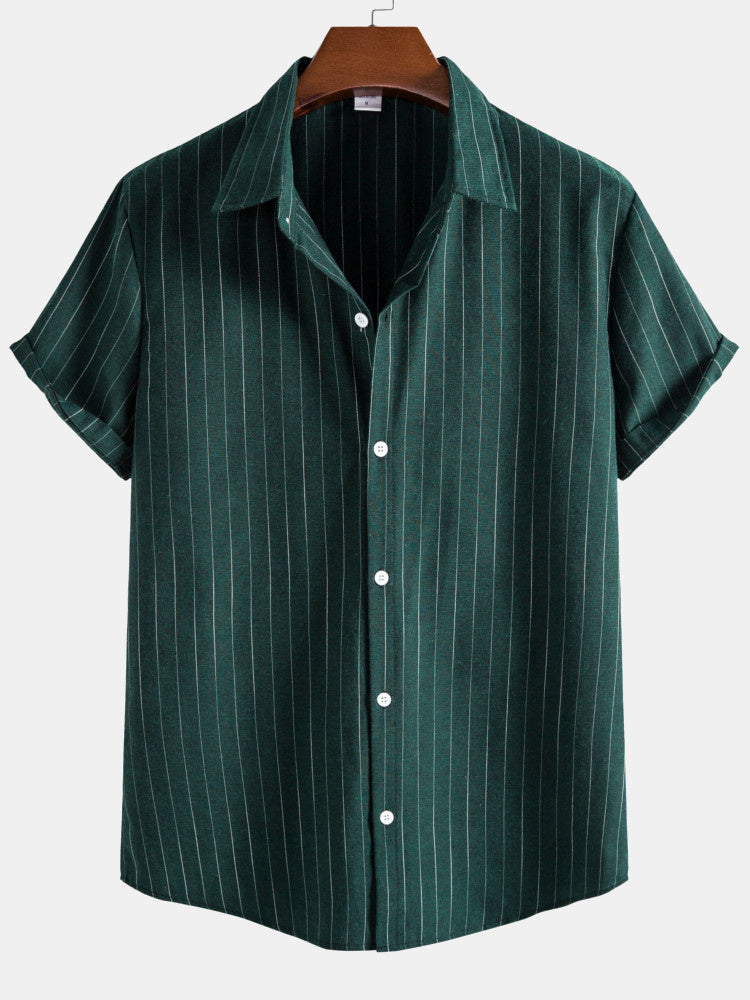 Men's Vertical Stripe Button Front Shirt Short Sleeve Classic Top