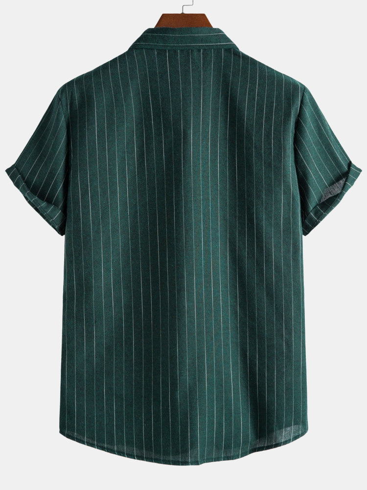 Men's Vertical Stripe Button Front Shirt Short Sleeve Classic Top