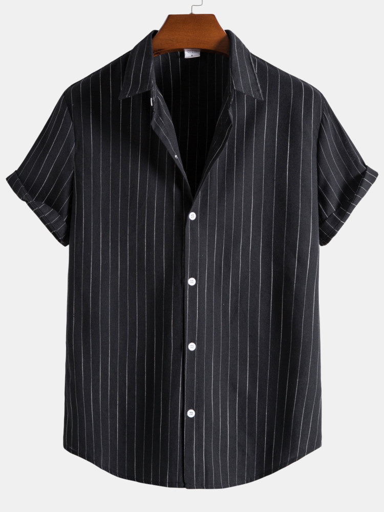 Men's Vertical Stripe Button Front Shirt Short Sleeve Classic Top