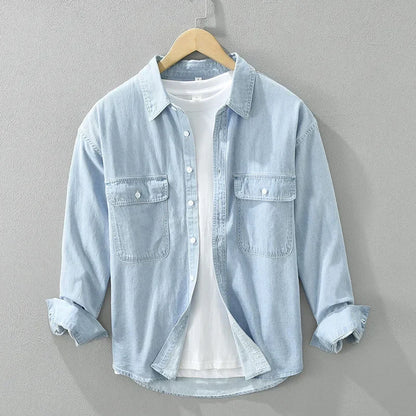 Men's Denim Shirt with Dual Chest Pockets and Long Sleeves