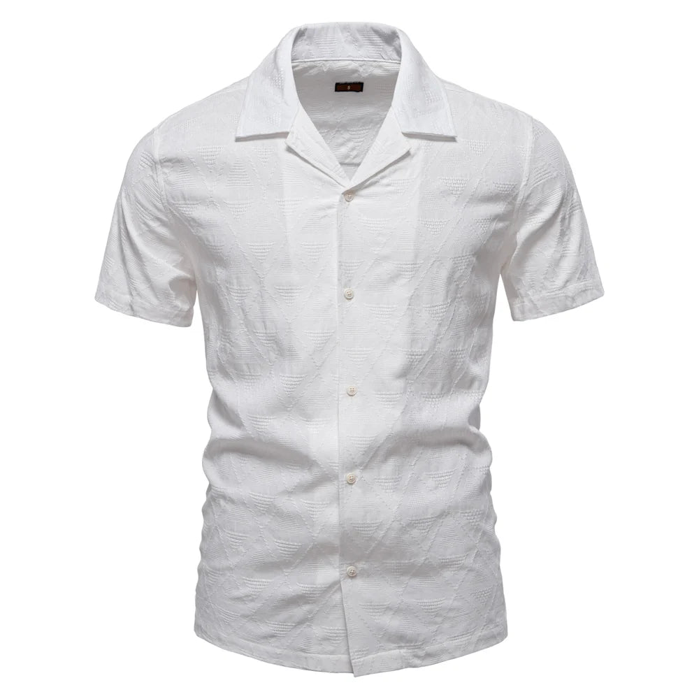 Men's Short Sleeve Shirt with Textured Pattern and Open Collar
