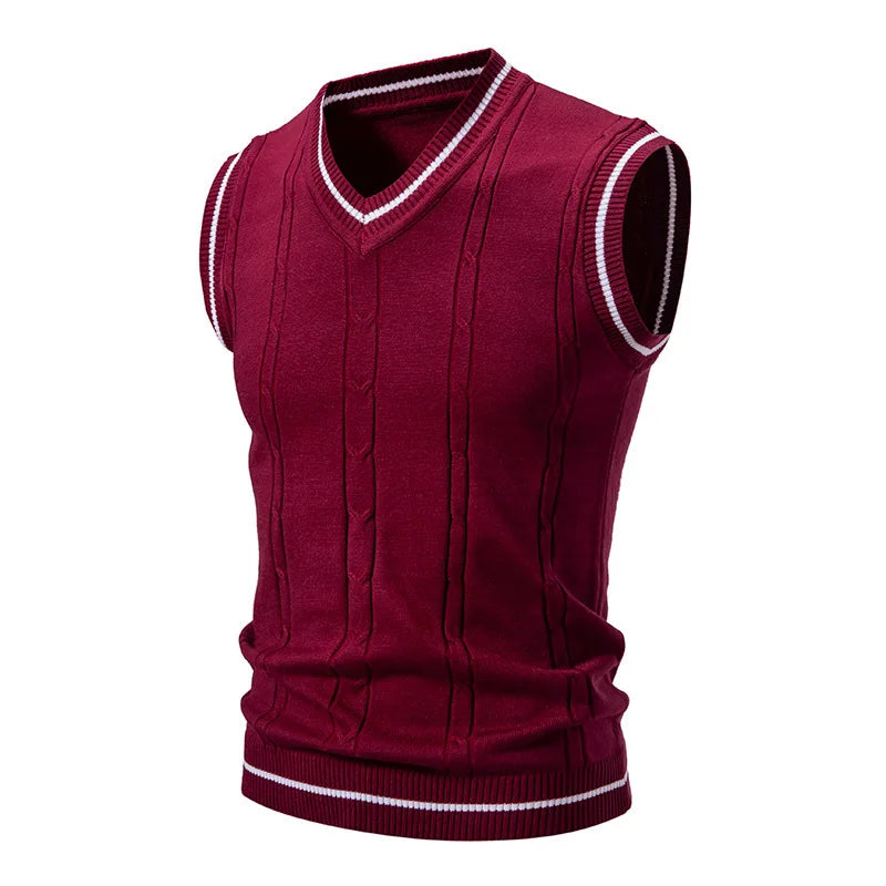 Men's Knitted V Neck Tank Top with Cable Knit Detail