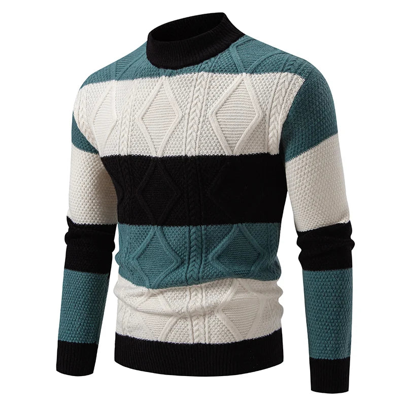 Men's Knitted Mock Neck Jumper with Colourblock Pattern