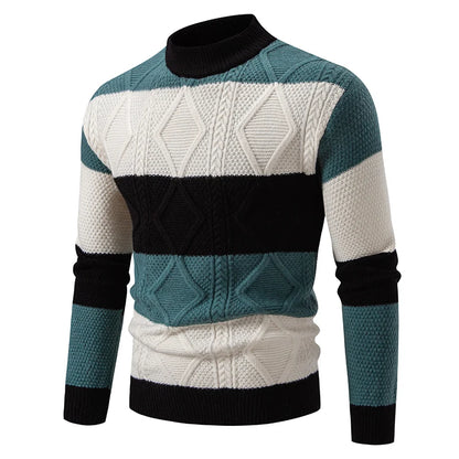 Men's Knitted Mock Neck Jumper with Colourblock Pattern