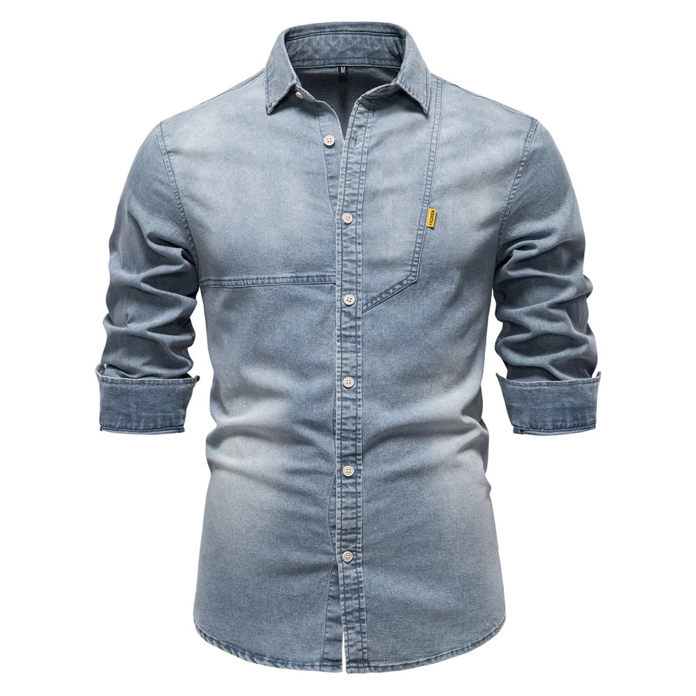 Men's Denim Shirt with Long Sleeves and Button Front