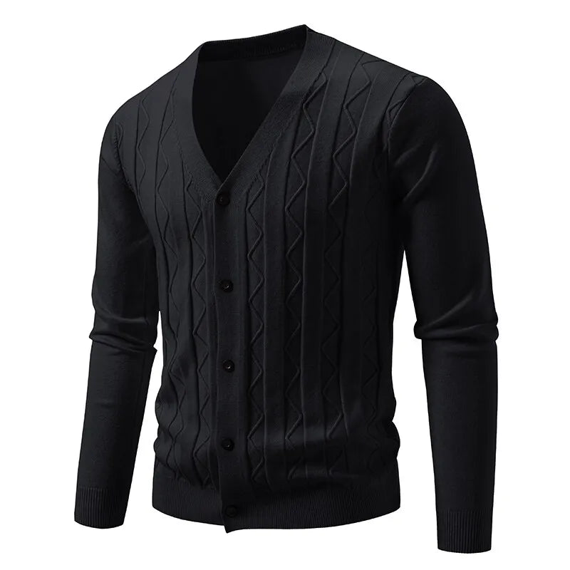 Men's Knitted V Neck Cardigan with Diamond Pattern Detail