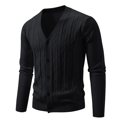 Men's Knitted V Neck Cardigan with Diamond Pattern Detail