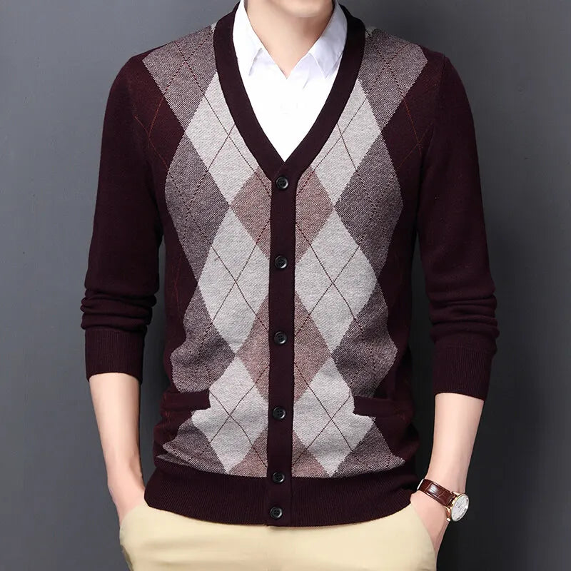 Men's Argyle Knit Cardigan with Button Front and V-Neck
