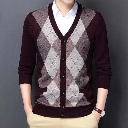 Men's Argyle Knit Cardigan with Button Front and V-Neck