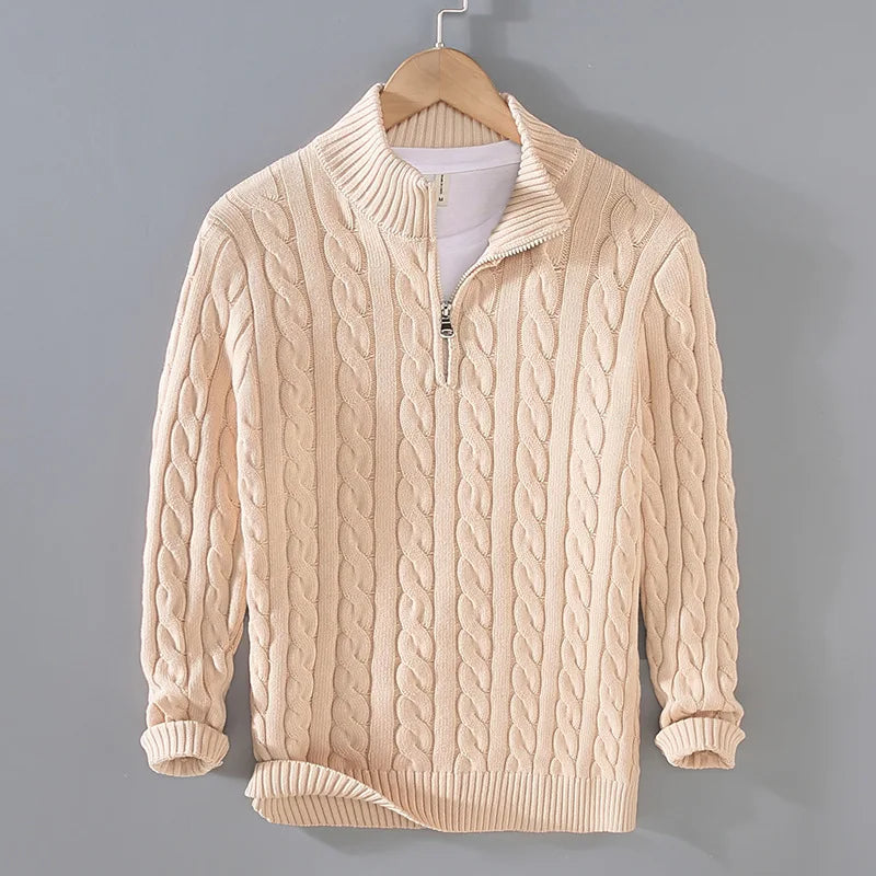 Men's Cable Knit Jumper Quarter Zip High Neck