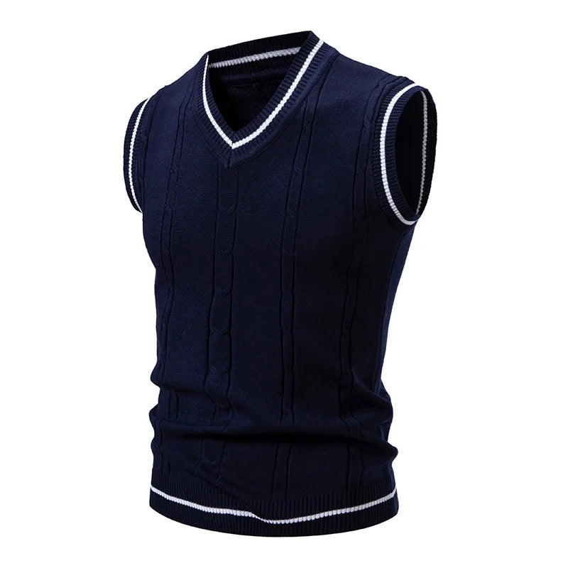 Men's Knitted V Neck Tank Top with Cable Knit Detail