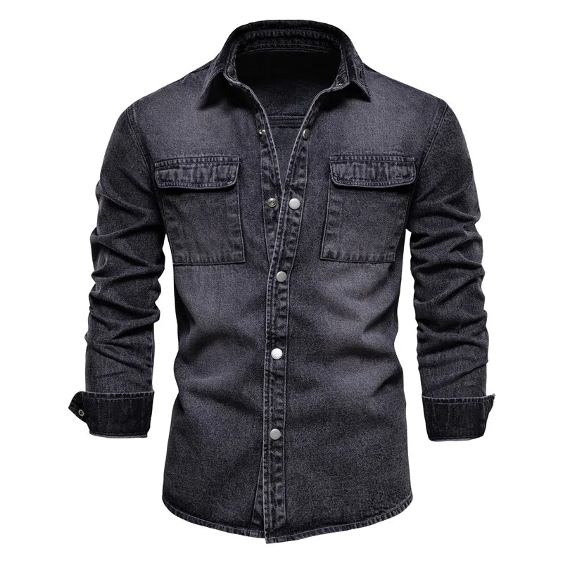 Men's Denim Overshirt with Two Chest Pockets and Long Sleeves