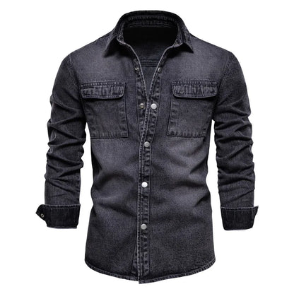 Men's Denim Overshirt with Two Chest Pockets and Long Sleeves