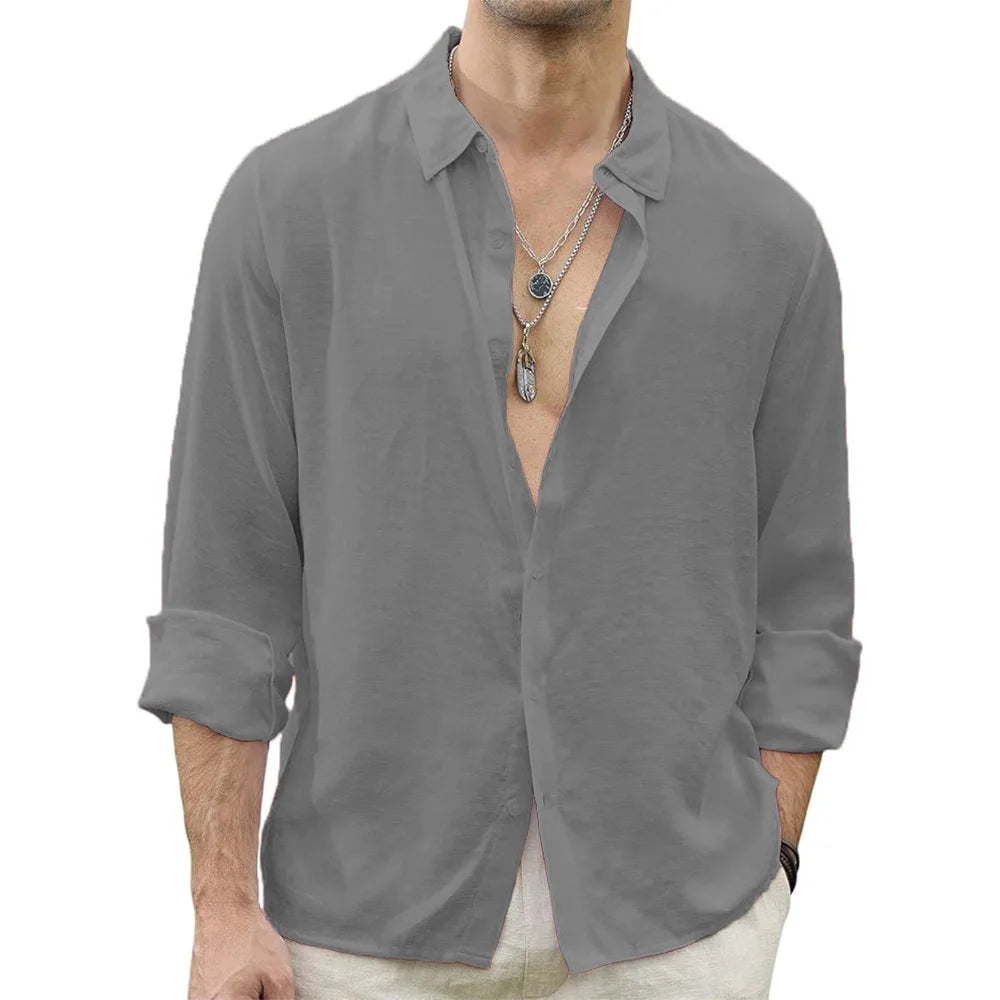 Men's Long Sleeve Casual Shirt with Open Collar