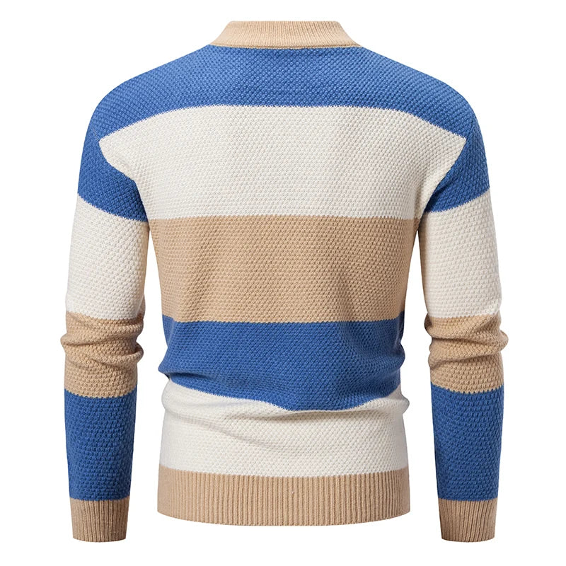 Men's Knitted Mock Neck Jumper with Colourblock Pattern