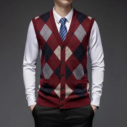 Men's Argyle Knitted Vest with V Neck Button Front