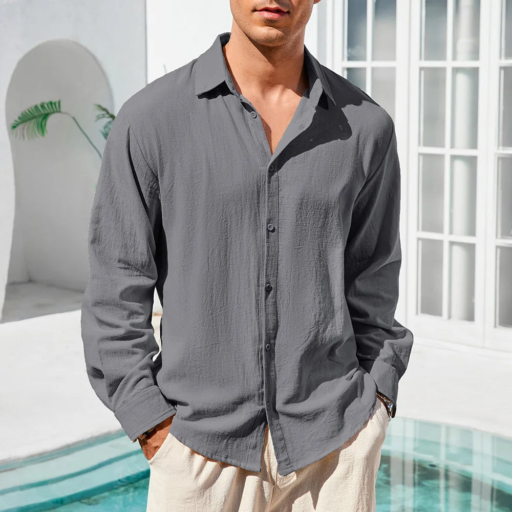 Men's Long Sleeve Linen Look Shirt with Open Collar