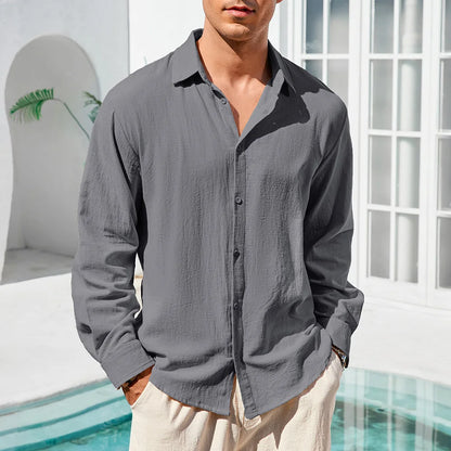 Men's Long Sleeve Linen Look Shirt with Open Collar