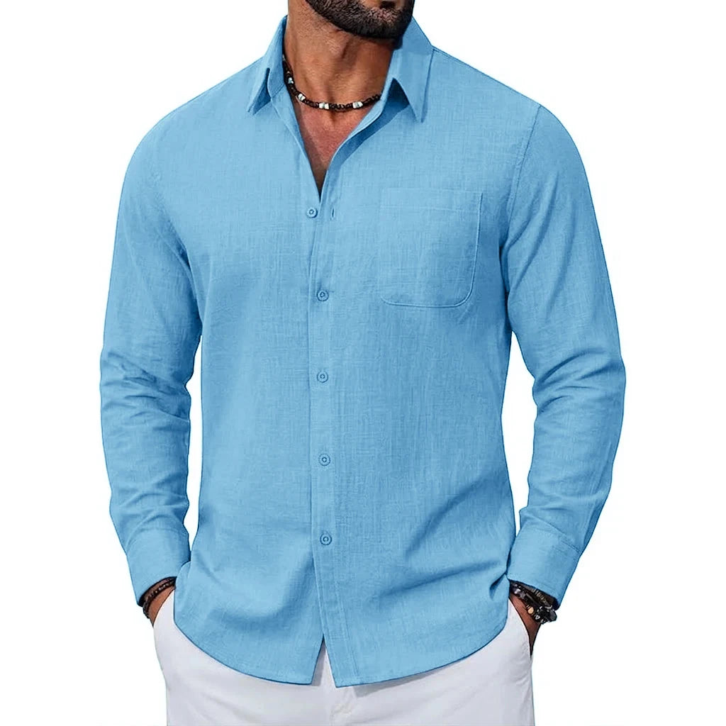 Men's Long Sleeve Open Collar Shirt with Button Front