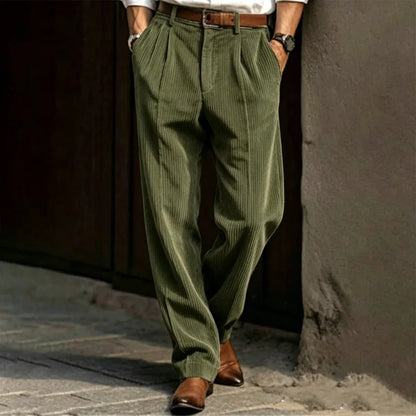 Men's Pleated Trousers – Relaxed Fit Tapered Leg Corduroy Style