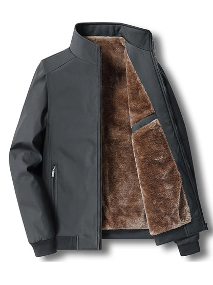 Men's Shearling Lined Jacket – Full Zip Front Stand Collar Ribbed Cuffs and Hem