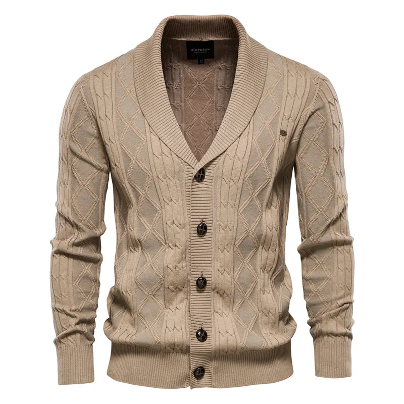 Men's Cable Knit Cardigan with Shawl Collar and Button Front