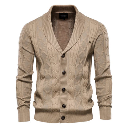 Men's Cable Knit Cardigan with Shawl Collar and Button Front