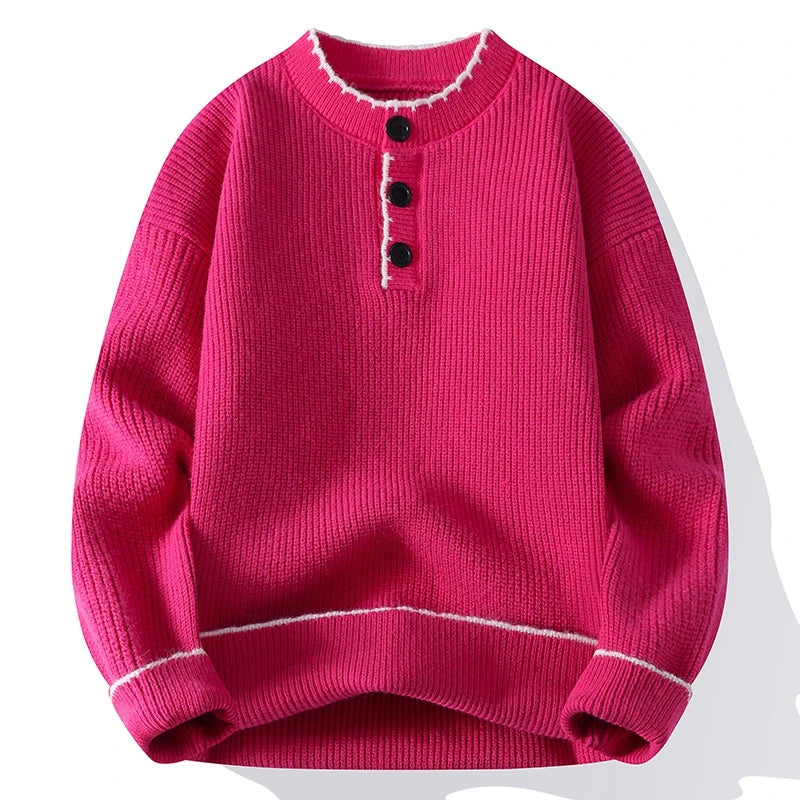 Men's Ribbed Knit Jumper with Button Placket and Contrast Trim