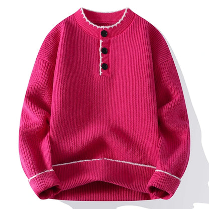 Men's Ribbed Knit Jumper with Button Placket and Contrast Trim