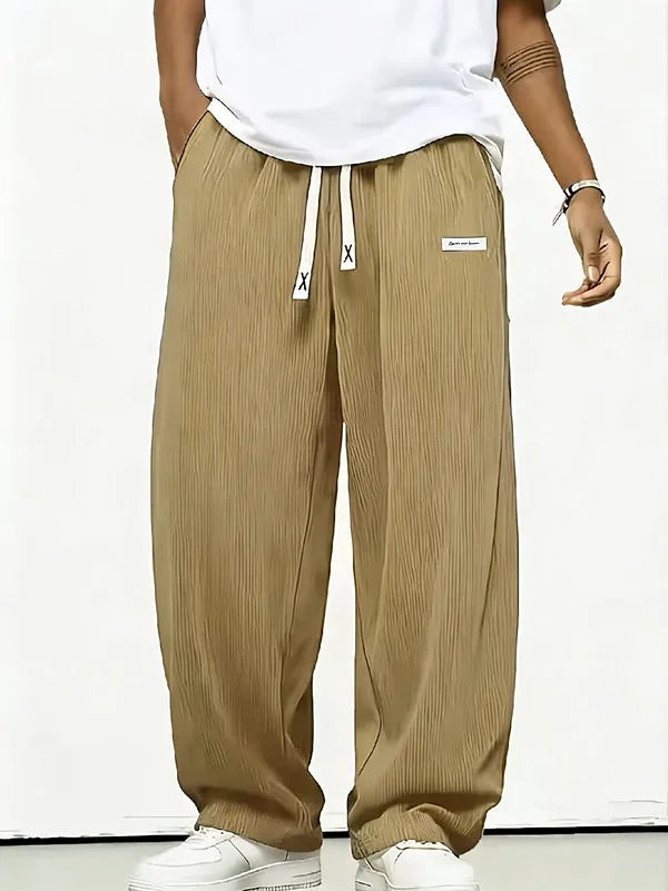 Men's Wide Leg Trousers Pleated Texture Drawstring Waist