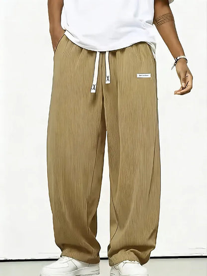 Men's Wide Leg Trousers Pleated Texture Drawstring Waist