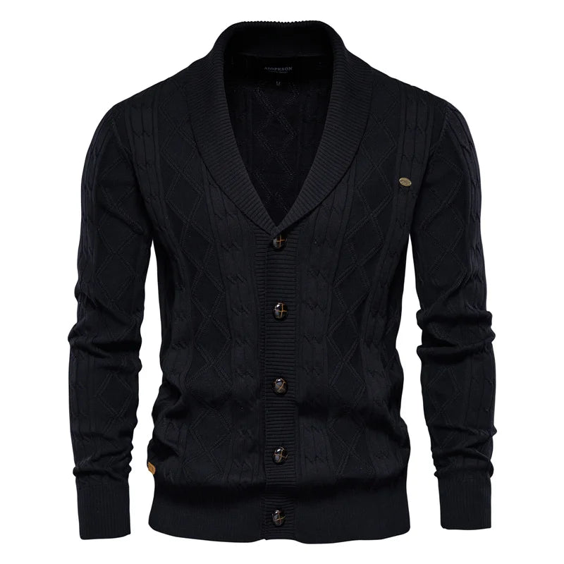 Men's Cable Knit Cardigan with Shawl Collar and Button Front