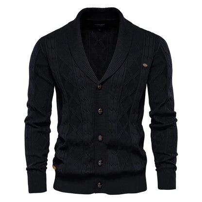 Men's Cable Knit Cardigan with Shawl Collar and Button Front