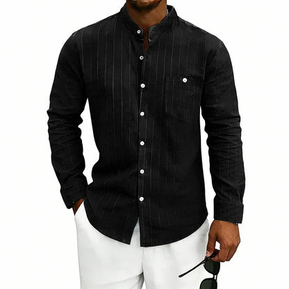 Men's Long Sleeve Grandad Collar Shirt with Chest Pocket