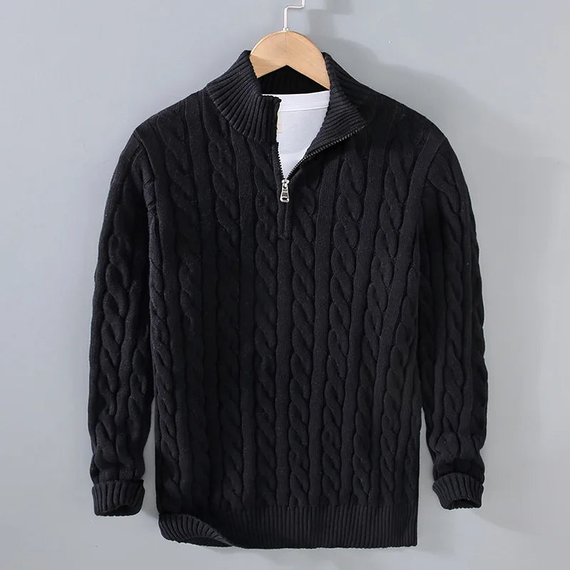 Men's Cable Knit Jumper Quarter Zip High Neck