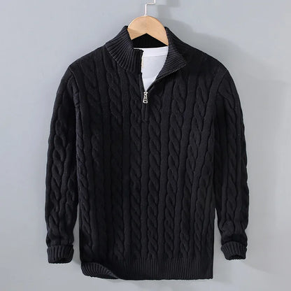 Men's Cable Knit Jumper Quarter Zip High Neck