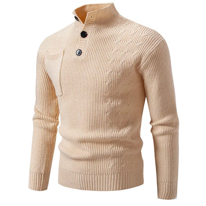 Men's Ribbed Knit Jumper with High Neck Button Placket