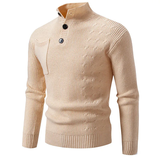 Men's Ribbed Knit Jumper with High Neck Button Placket