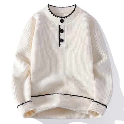 Men's Ribbed Knit Jumper with Button Placket and Contrast Trim