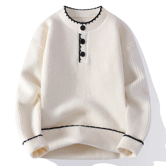 Men's Ribbed Knit Jumper with Button Placket and Contrast Trim