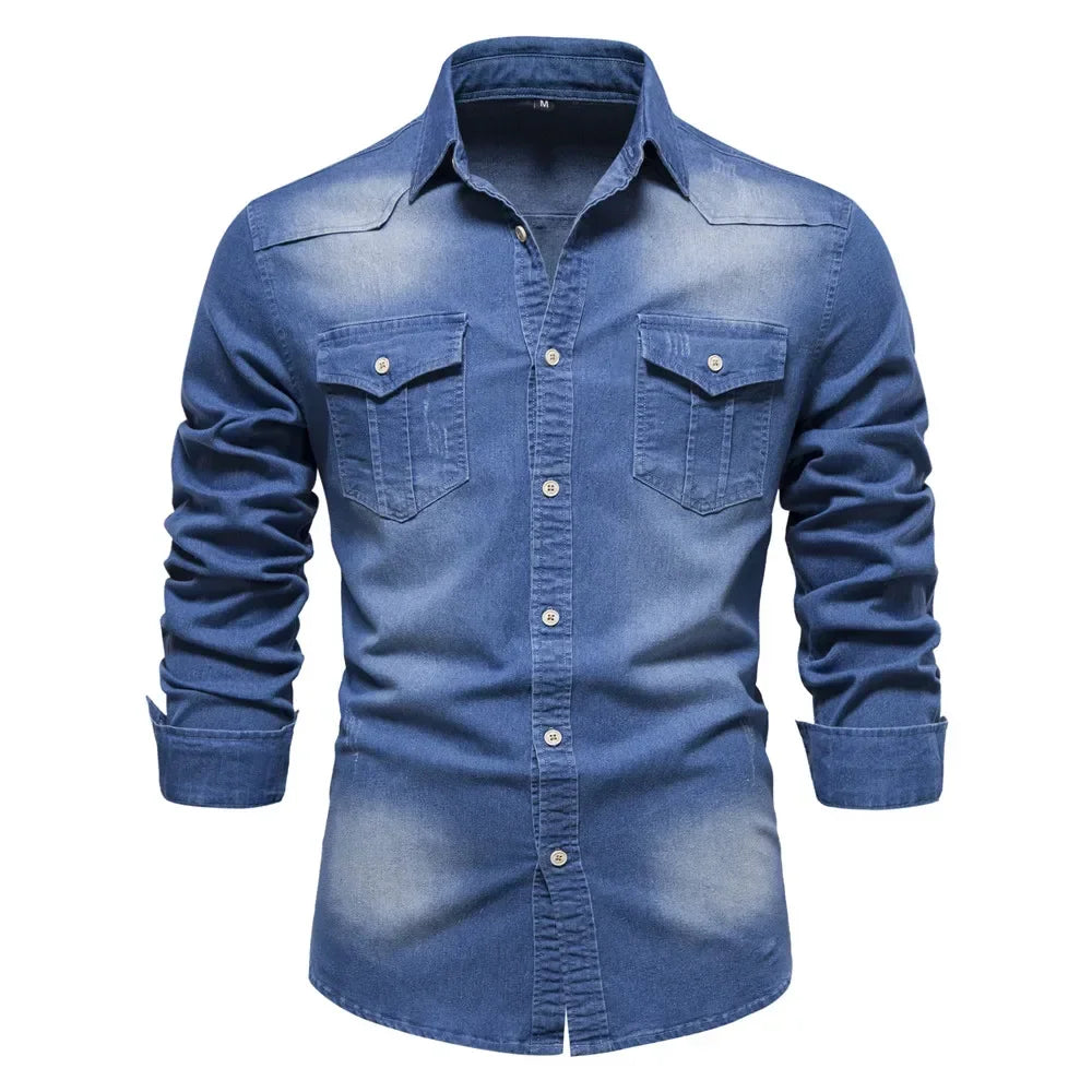 Men's Denim Shirt with Double Chest Pockets and Long Sleeves
