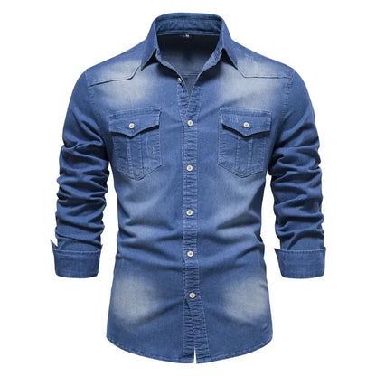 Men's Denim Shirt with Double Chest Pockets and Long Sleeves