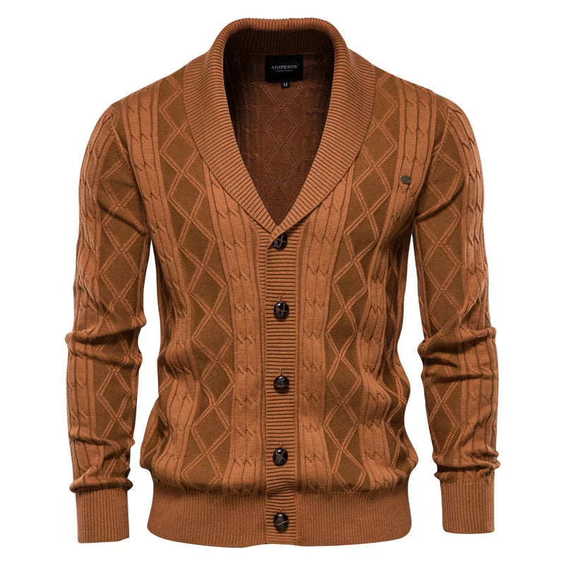 Men's Cable Knit Cardigan with Shawl Collar and Button Front