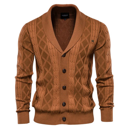 Men's Cable Knit Cardigan with Shawl Collar and Button Front
