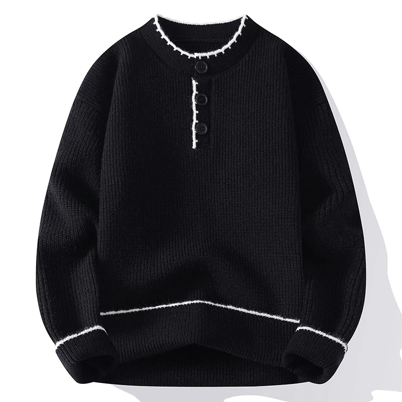Men's Ribbed Knit Jumper with Button Placket and Contrast Trim