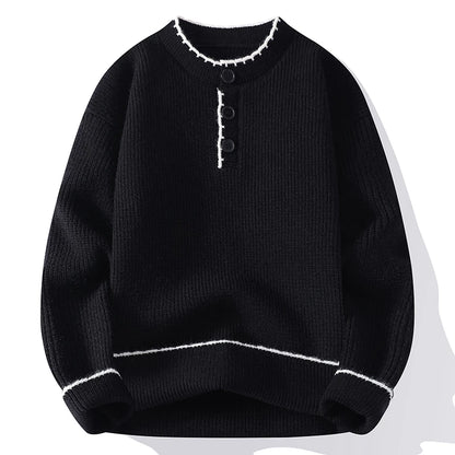 Men's Ribbed Knit Jumper with Button Placket and Contrast Trim
