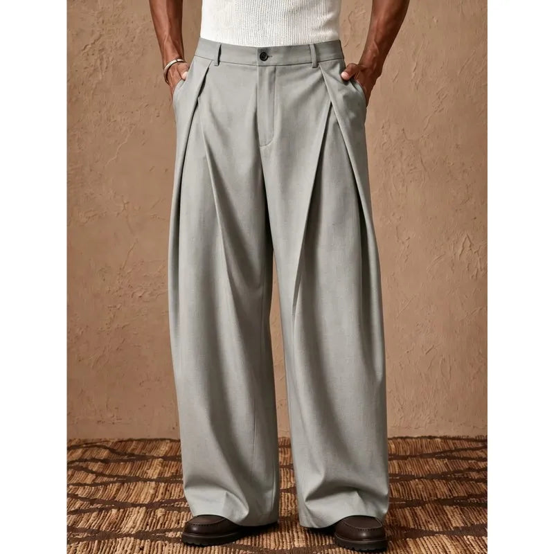 Men's Wide Leg Pleated Trousers with Elasticated Waist