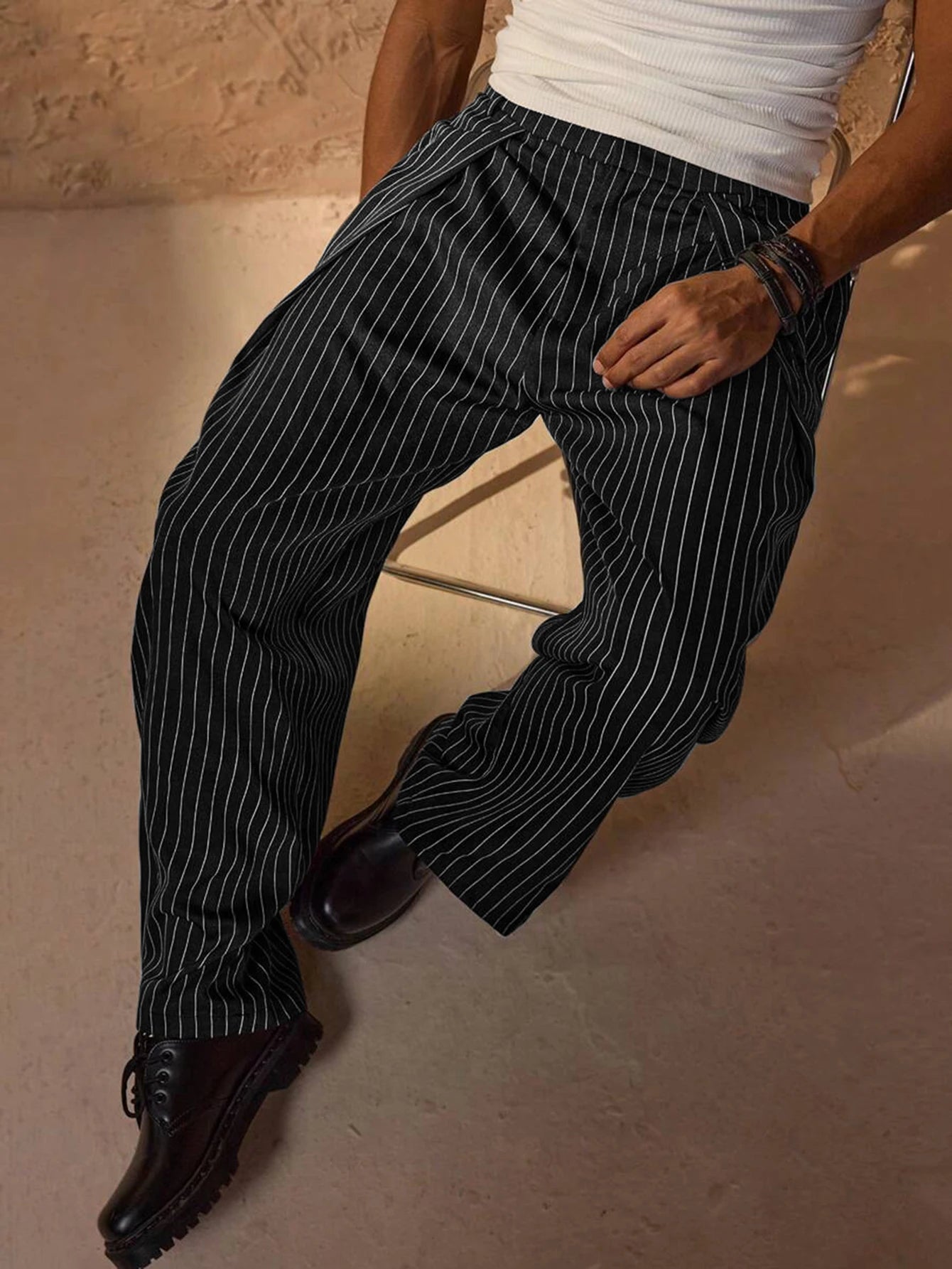 Men's Striped Trousers Relaxed Fit Elasticated Waist Straight Leg